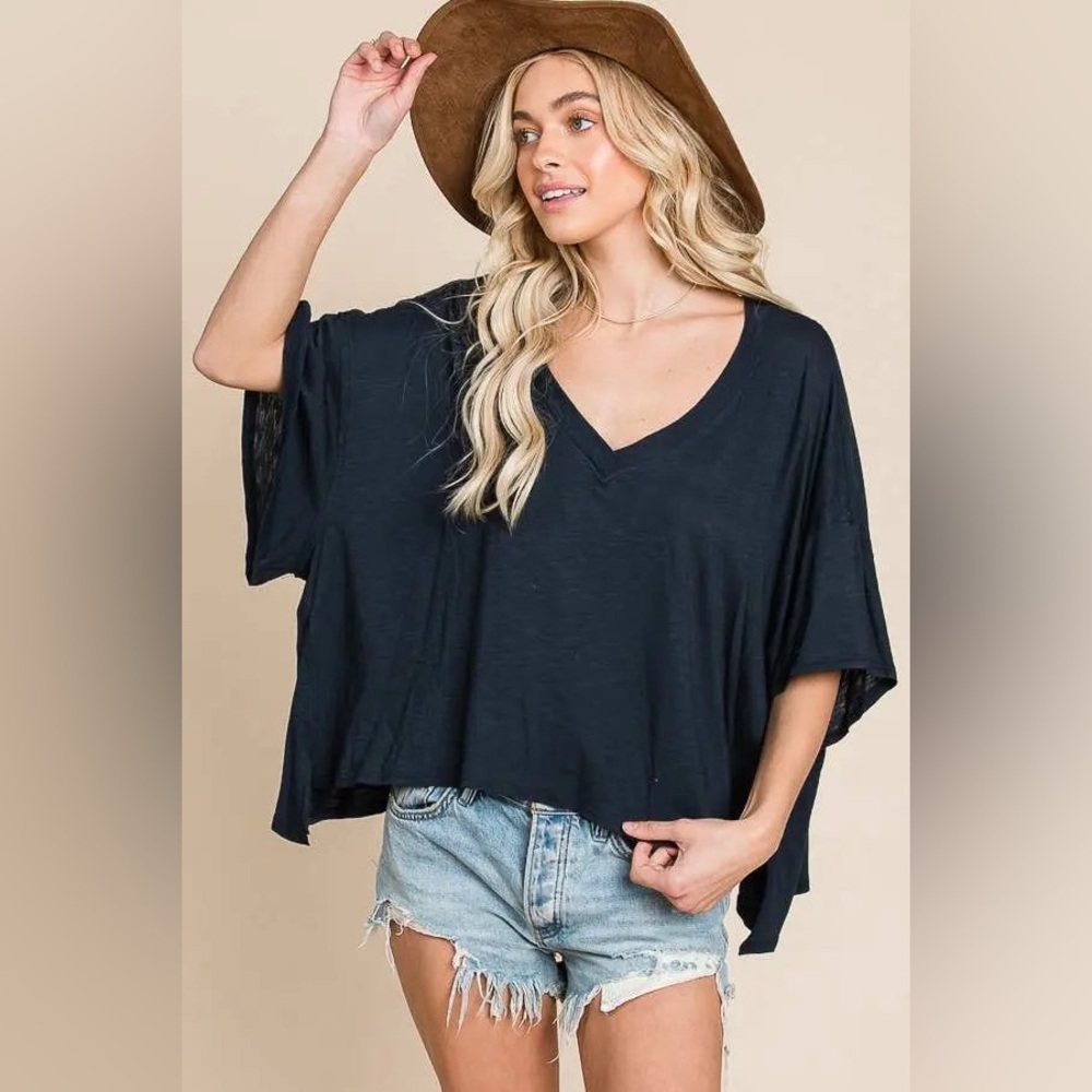 Bucketlist Solid Black V-neck Oversized Loose Fit Top